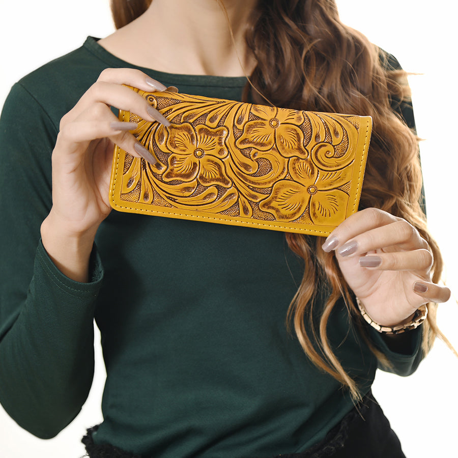 American Darling Hand-Tooled Genuine Leather Wallet Handbag – Floral Carved Western Women’s Wallet with Card Slots & Bill Compartments