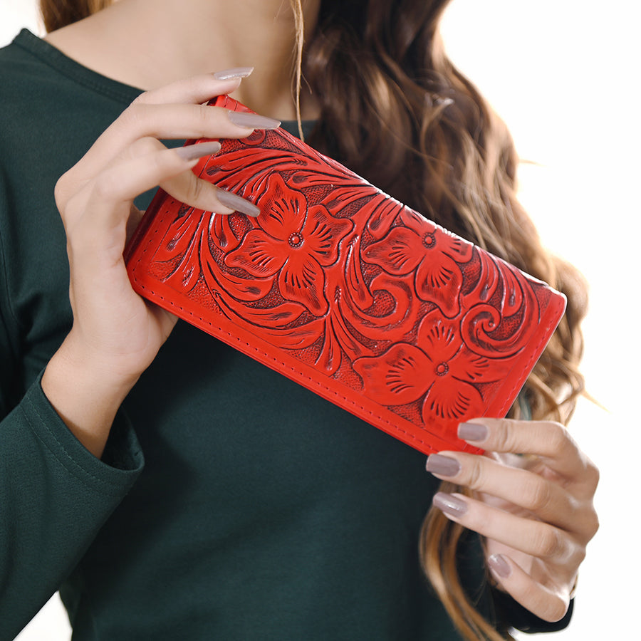 American Darling Hand-Tooled Genuine Leather Wallet Handbag – Floral Carved Western Women’s Wallet with Card Slots & Bill Compartments