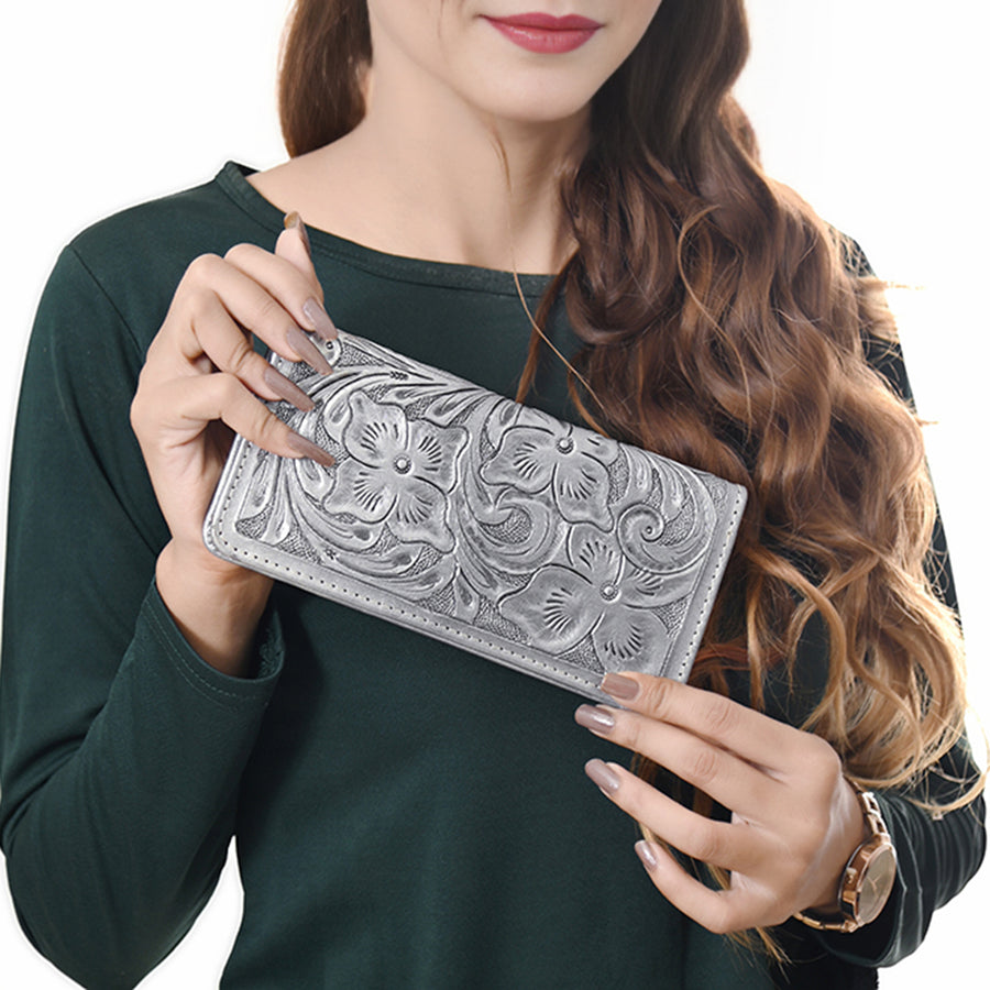 American Darling Hand-Tooled Genuine Leather Wallet Handbag – Floral Carved Western Women’s Wallet with Card Slots & Bill Compartments