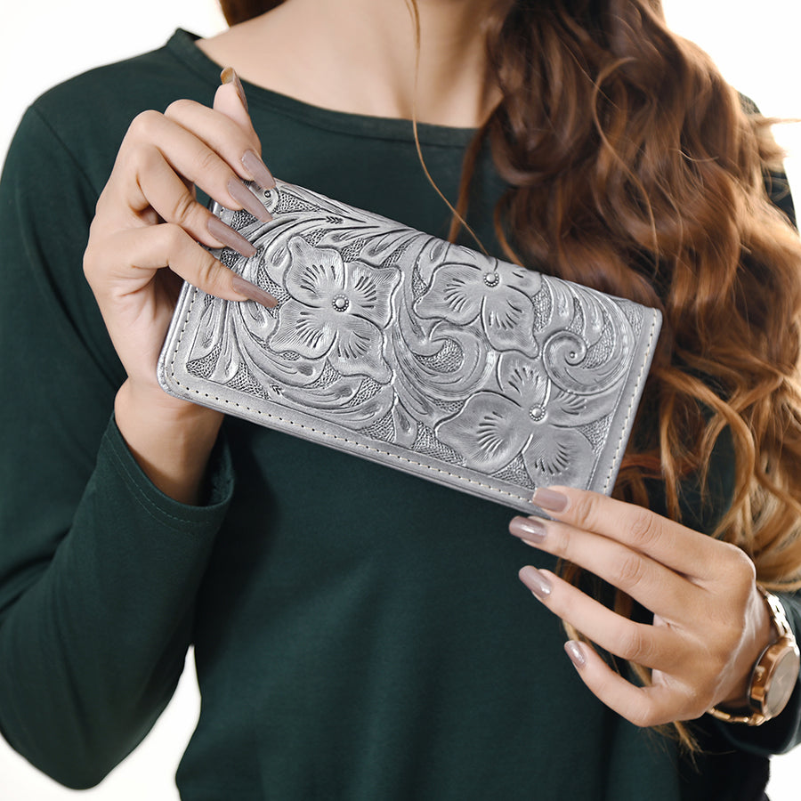 American Darling Hand-Tooled Genuine Leather Wallet Handbag – Floral Carved Western Women’s Wallet with Card Slots & Bill Compartments