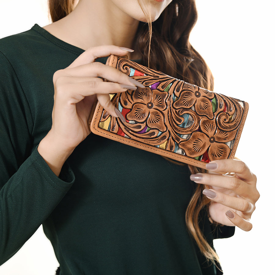 American Darling Hand-Tooled Genuine Leather Wallet Handbag – Floral Carved Western Women’s Wallet with Card Slots & Bill Compartments