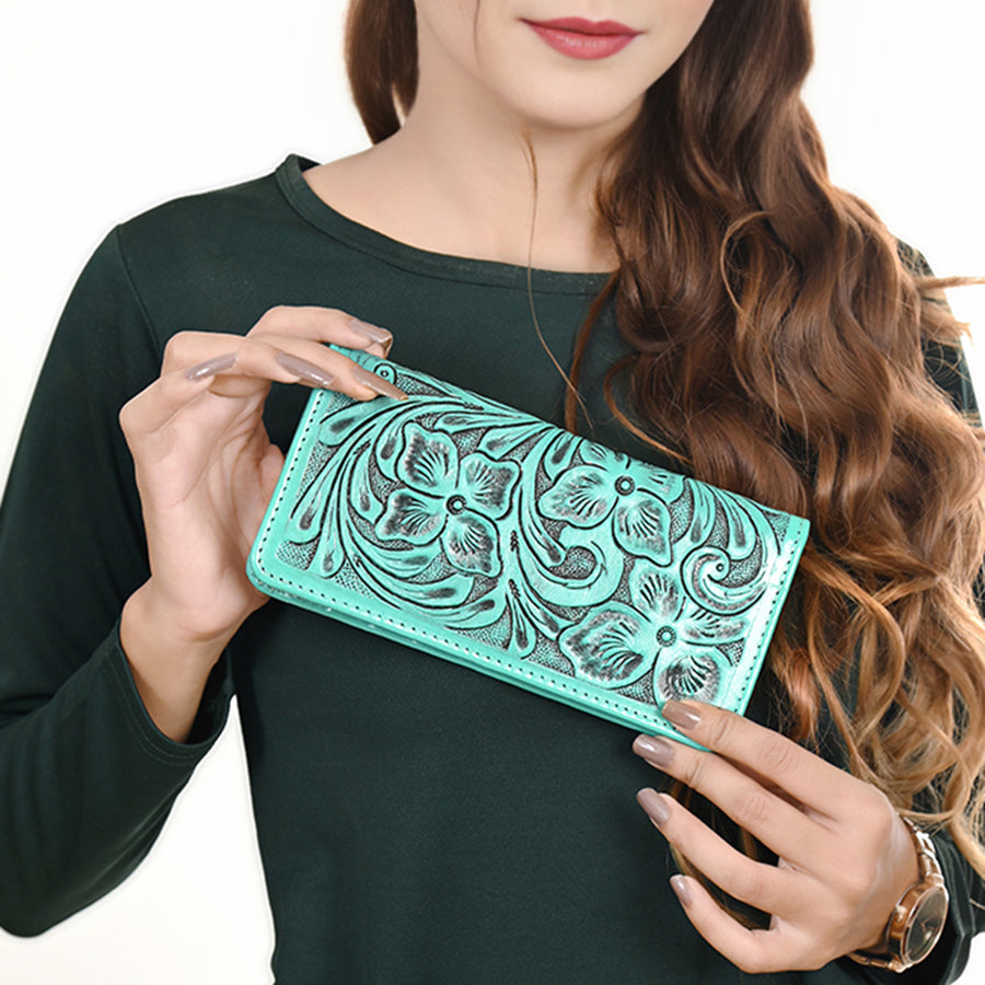 American Darling Hand-Tooled Genuine Leather Wallet Handbag – Floral Carved Western Women’s Wallet with Card Slots & Bill Compartments