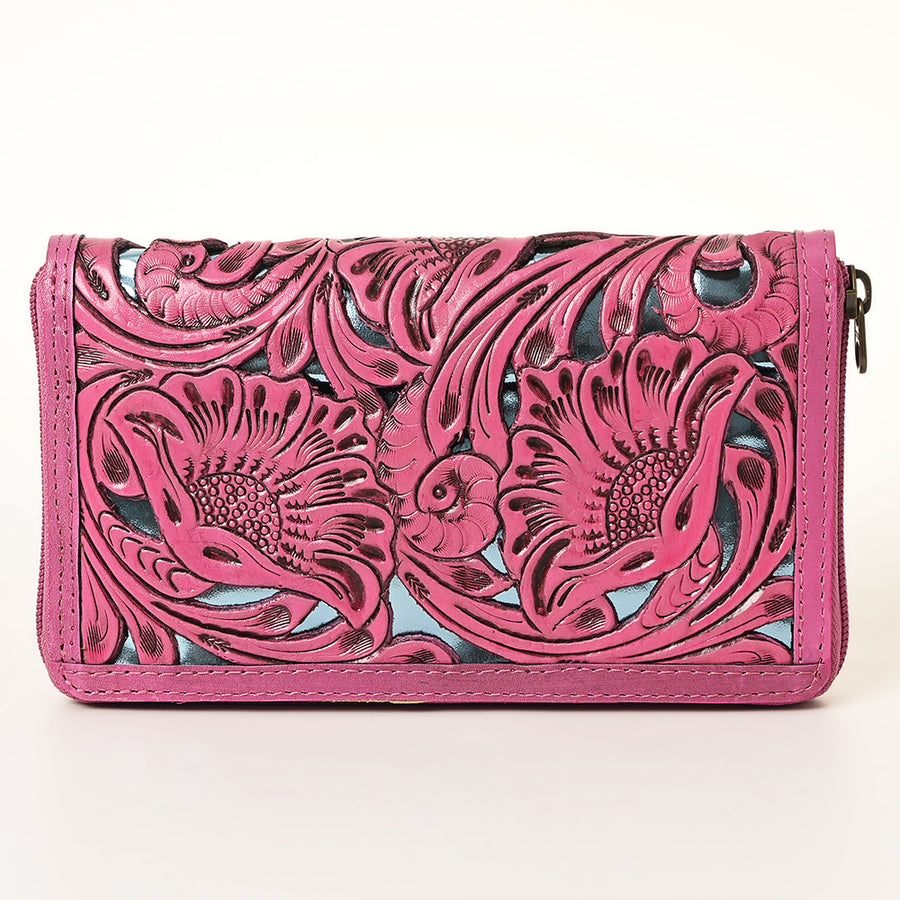 American Darling Hand-Tooled Genuine Leather Wallet Bag – Floral Carving, Durable Zip-Around Design, Multi-Compartment Organizer for Women