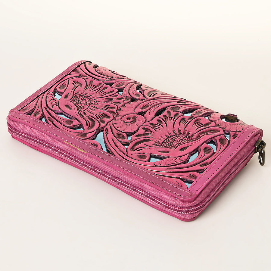American Darling Hand-Tooled Genuine Leather Wallet Bag – Floral Carving, Durable Zip-Around Design, Multi-Compartment Organizer for Women