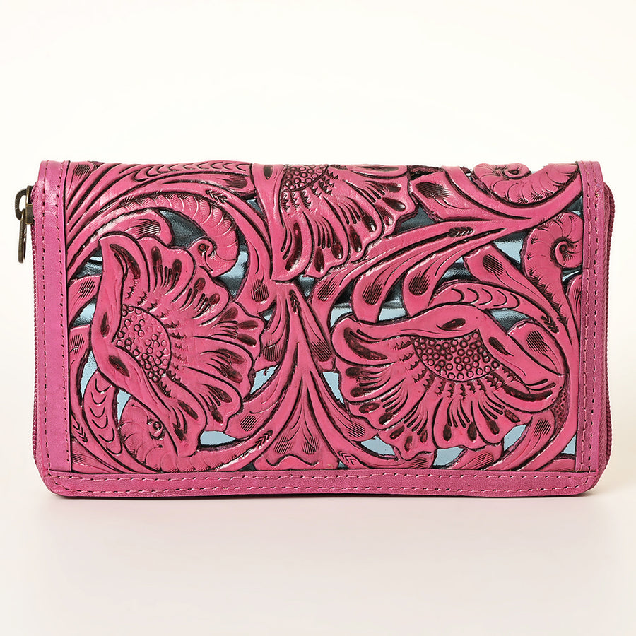 American Darling Hand-Tooled Genuine Leather Wallet Bag – Floral Carving, Durable Zip-Around Design, Multi-Compartment Organizer for Women