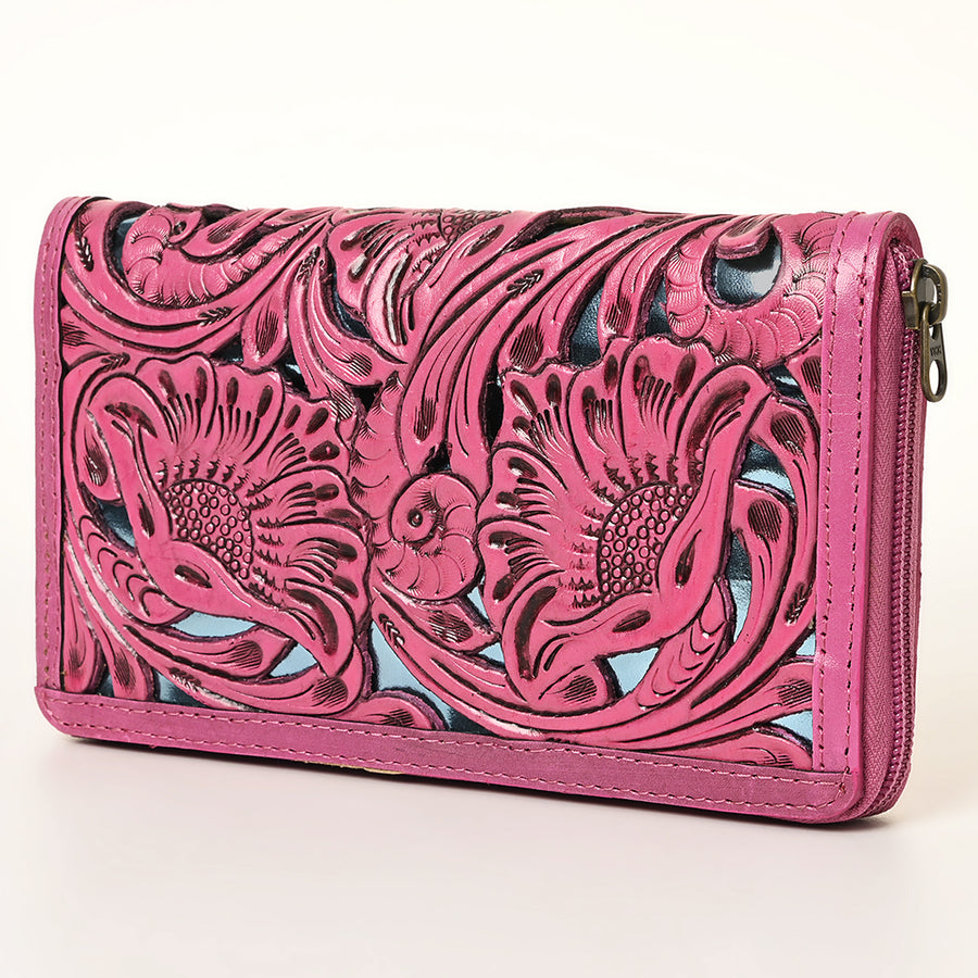 American Darling Pink Hand-Tooled Genuine Leather Western Wallet Bag with Floral Carving - Uhorse
