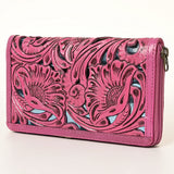 American Darling Pink Hand-Tooled Genuine Leather Western Wallet Bag with Floral Carving - Uhorse