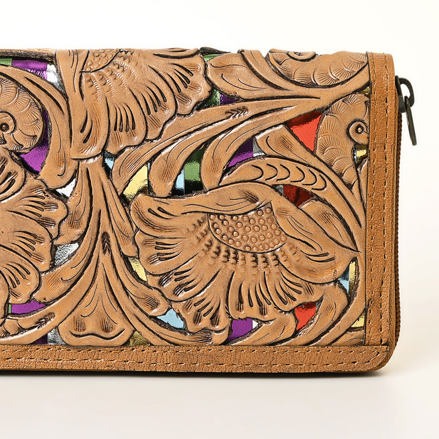 American Darling Hand-Tooled Genuine Leather Wallet Bag – Floral Carving, Durable Zip-Around Design, Multi-Compartment Organizer for Women