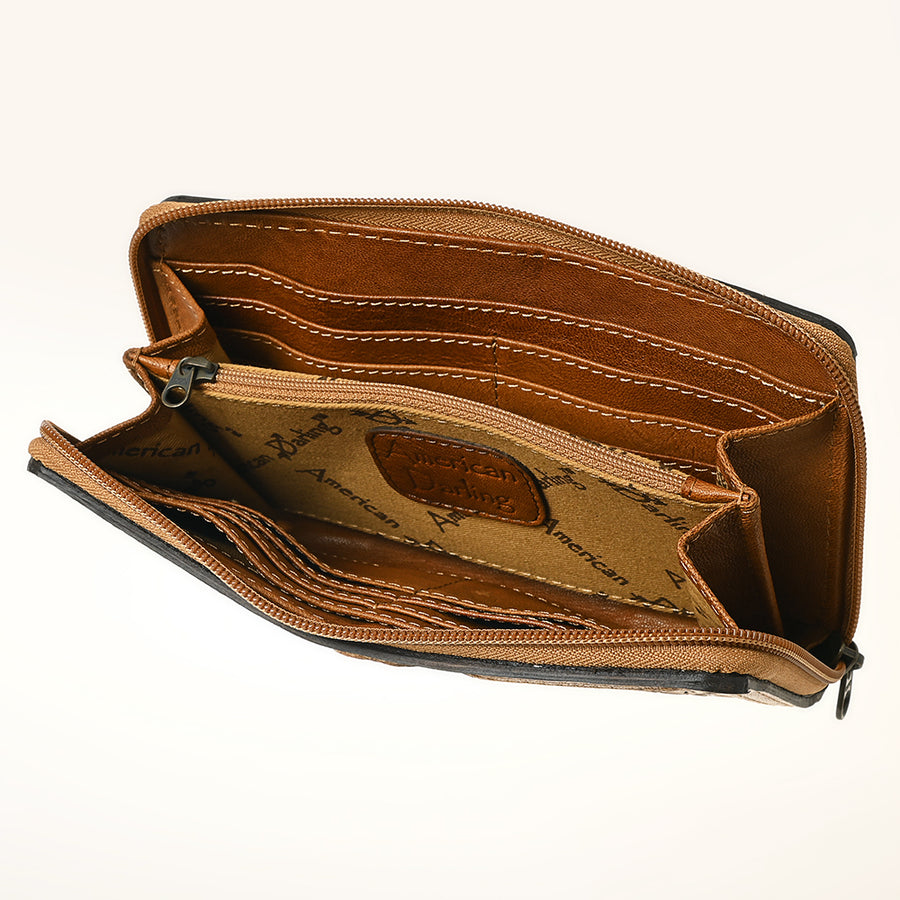 American Darling Hand-Tooled Genuine Leather Wallet Bag – Floral Carving, Durable Zip-Around Design, Multi-Compartment Organizer for Women