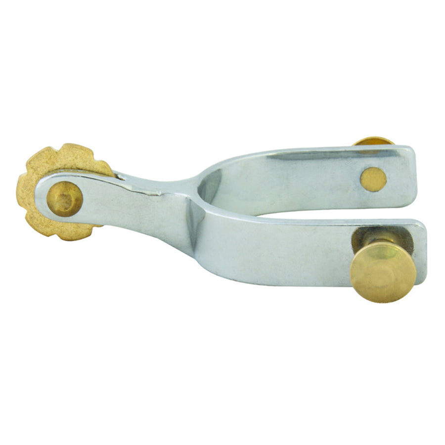 Silver metal spurs with brass rowels and flower-shaped detail - Uhorse