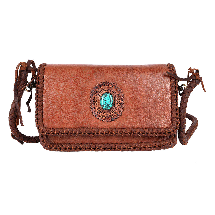 American Darling Wallet Western Genuine Leather Handcrafted Purse with Fringes, Braided Strap and Turquoise Stone