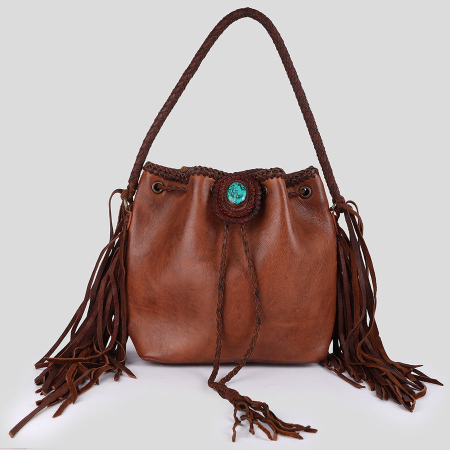 American Darling Bucket Bag Western Genuine Leather Handcrafted Purse with Fringes, Braided Strap and Turquoise Stone