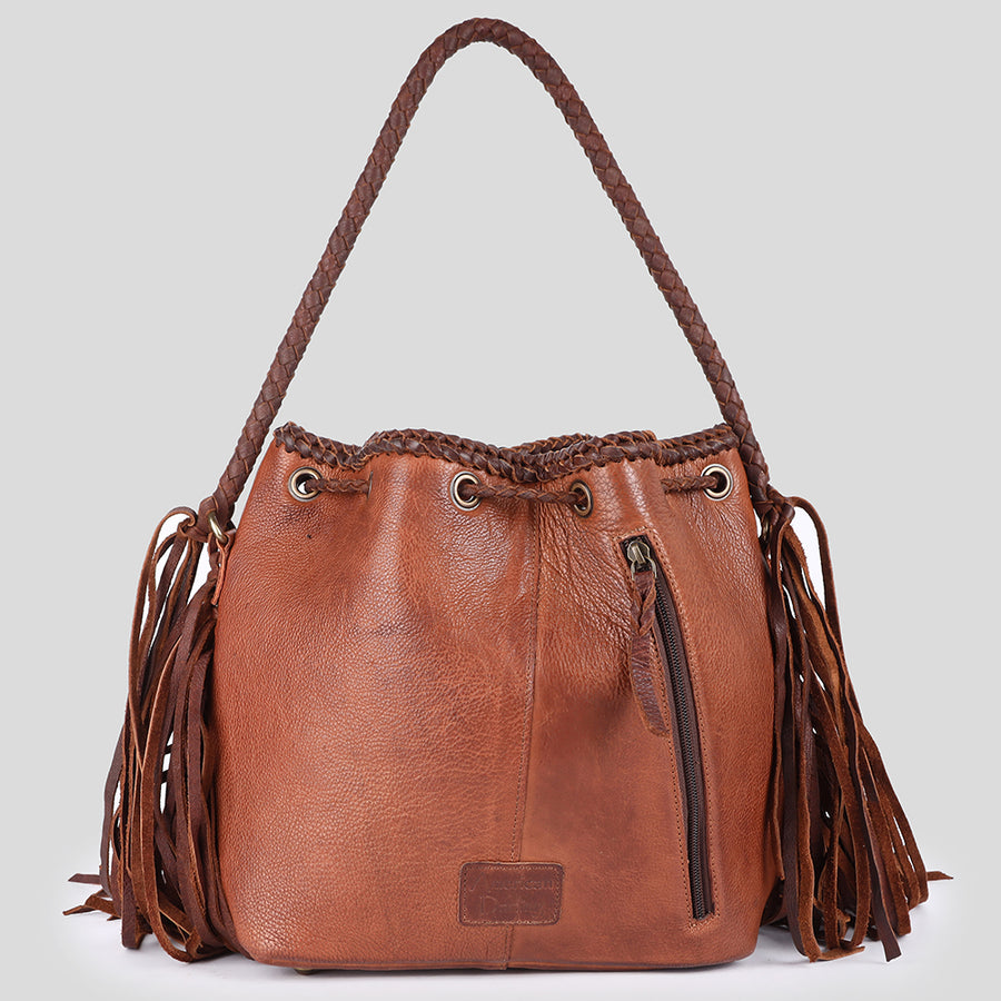 American Darling Bucket Bag Western Genuine Leather Handcrafted Purse with Fringes, Braided Strap and Turquoise Stone