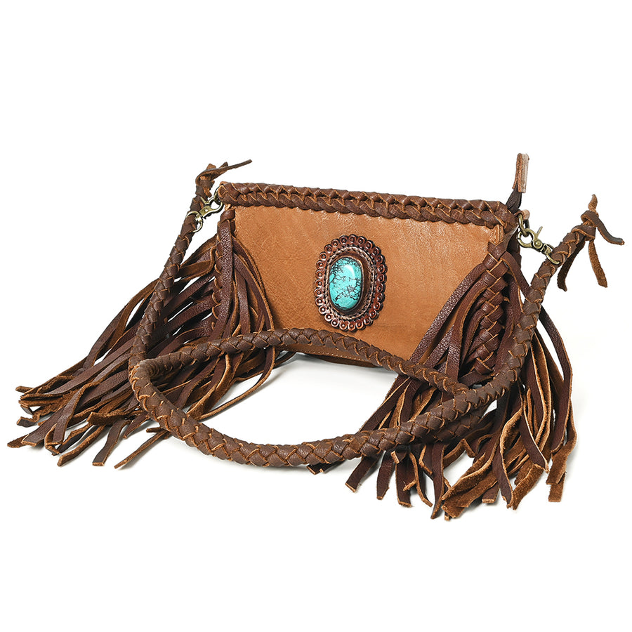 American Darling Small Cross body Bag Western Hair-On Cowhide Genuine Leather Handcrafted Purse with Fringes and Turquoise