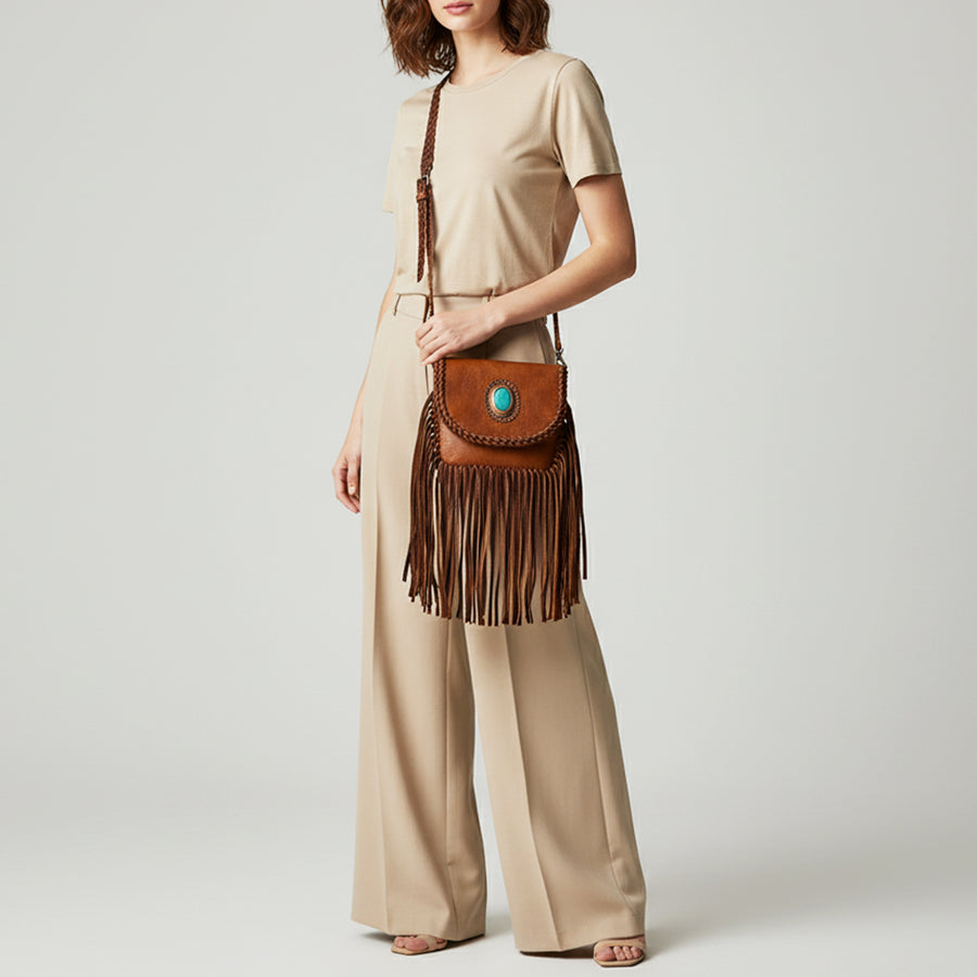 American Darling Cross body Bag Western Genuine Leather Handcrafted Purse with Turquoise Stone and Braided Detail