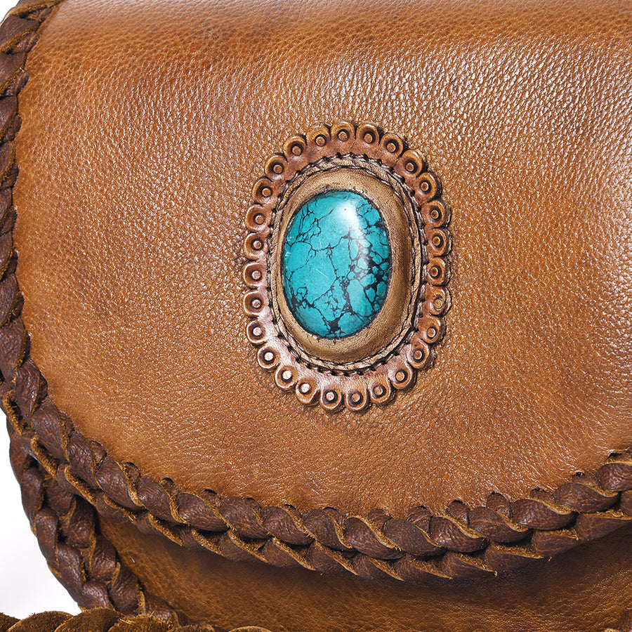 American Darling Cross body Bag Western Genuine Leather Handcrafted Purse with Turquoise Stone and Braided Detail