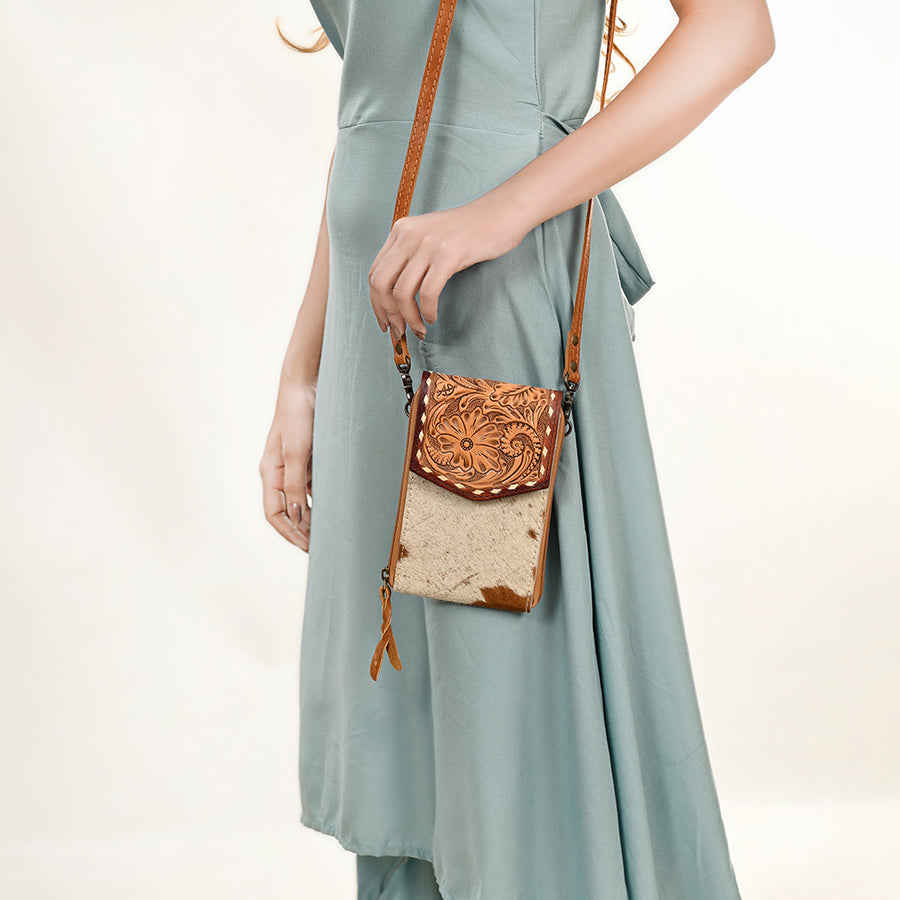American Darling Cell Phone holder, Genuine Hair-On Cowhide & Full Grain Leather, Western Crossbody Bag, 7in X 4in X 1in
