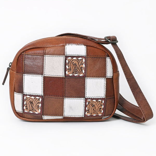 American Darling Western Leather Crossbody Bag with Hair-On Cowhide Patches and Tooled Accents - Uhorse