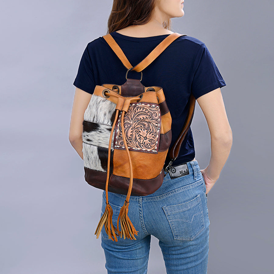 American Darling Western Leather Bucket Bag with Hair-On Cowhide Patchwork, Genuine Leather Build & Hand-Tooled Floral Accent for Everyday Western Style