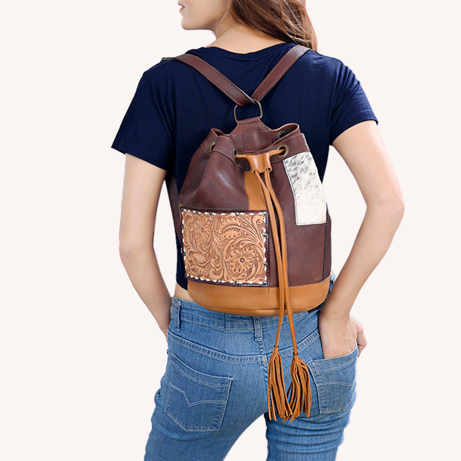 American Darling Western Leather Bucket Bag with Hair-On Cowhide Patchwork, Genuine Leather Build & Hand-Tooled Floral Accent for Everyday Western Style