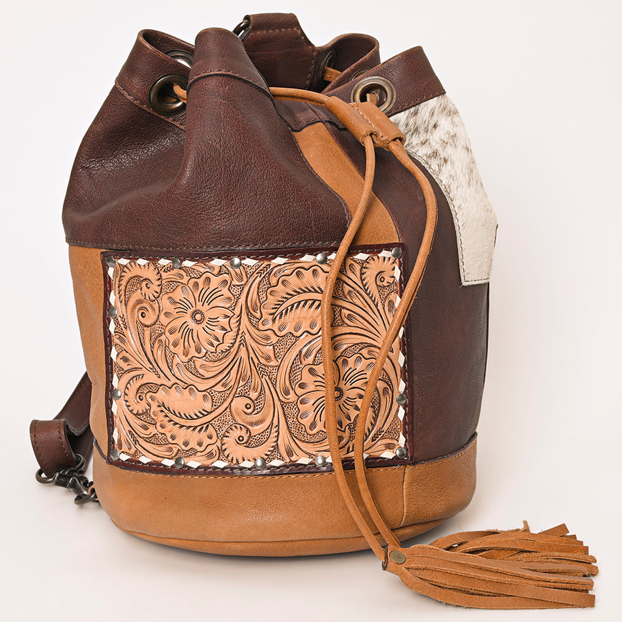 American Darling Western Leather Bucket Bag with Hair-On Cowhide Patchwork, Genuine Leather Build & Hand-Tooled Floral Accent for Everyday Western Style