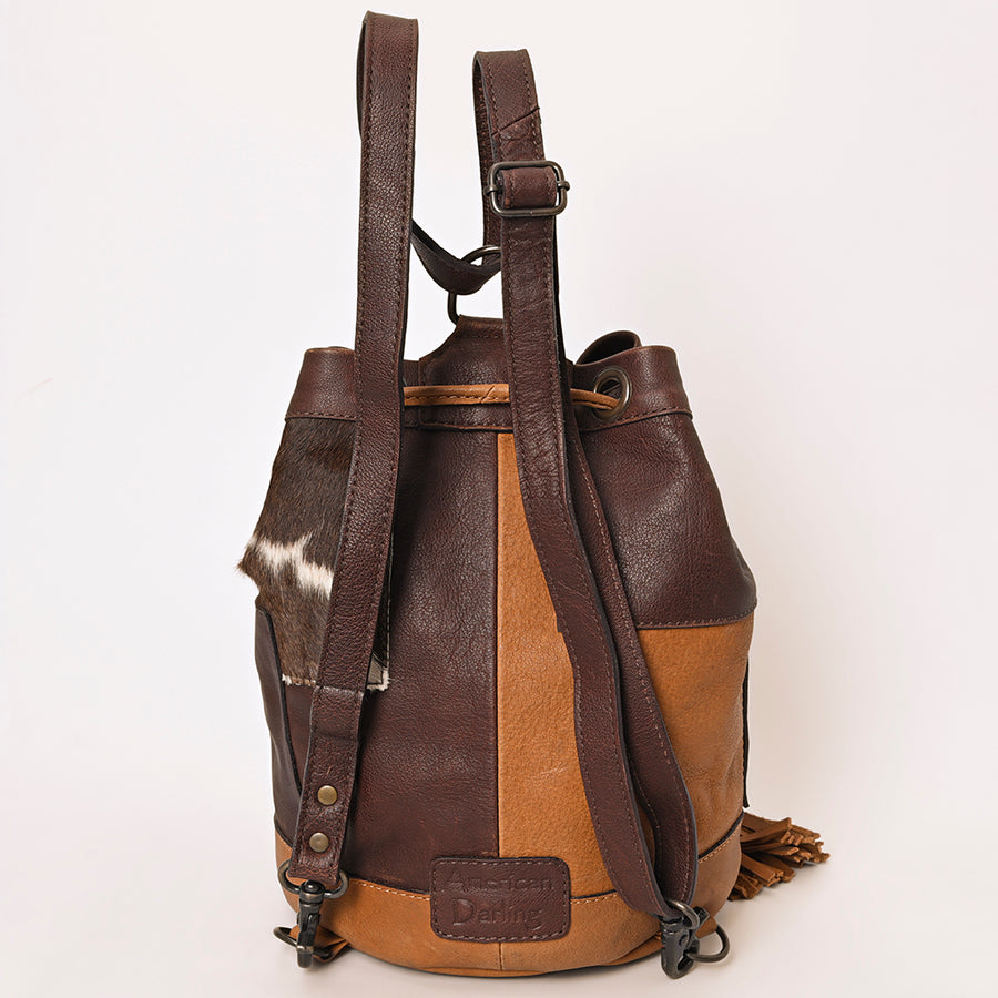 American Darling Western Leather Bucket Bag with Hair-On Cowhide Patchwork, Genuine Leather Build & Hand-Tooled Floral Accent for Everyday Western Style