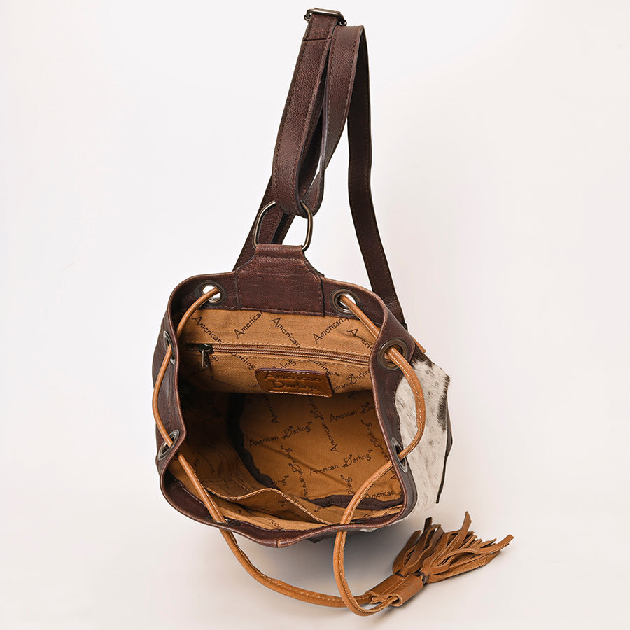 American Darling Western Leather Bucket Bag with Hair-On Cowhide Patchwork, Genuine Leather Build & Hand-Tooled Floral Accent for Everyday Western Style