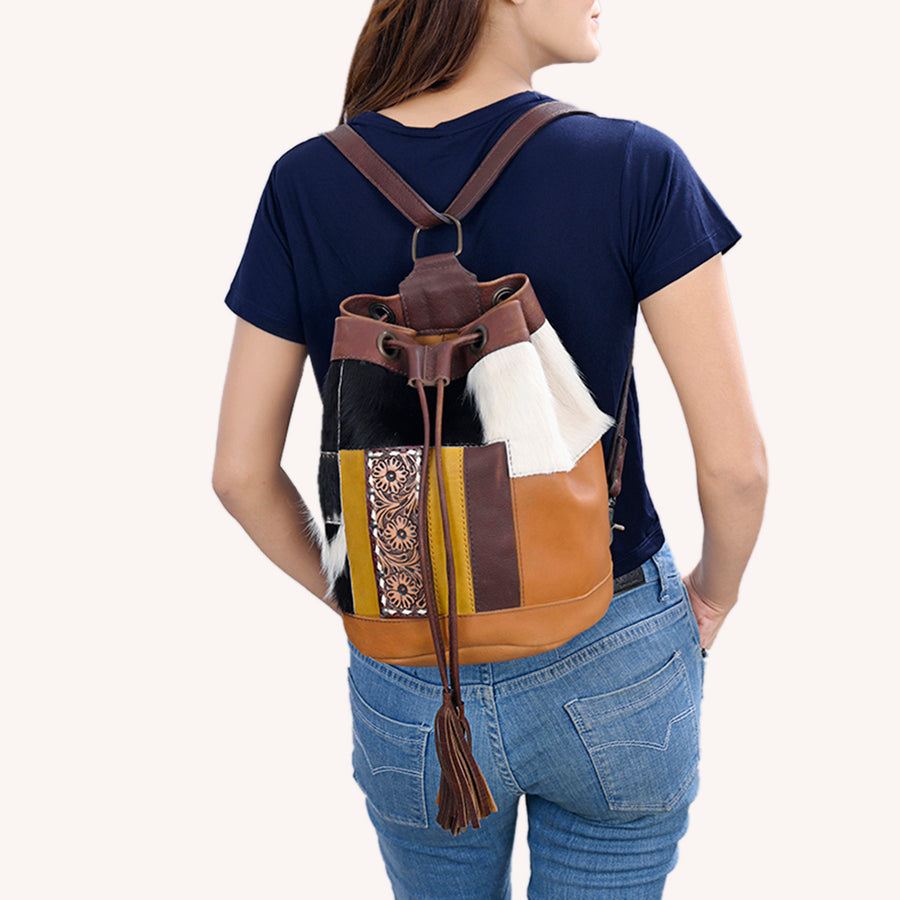 American Darling Western Leather Bucket Bag with Hair-On Cowhide Patchwork, Genuine Leather Build & Hand-Tooled Floral Accent for Everyday Western Style