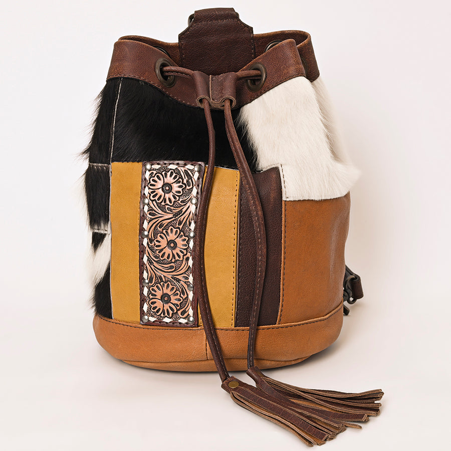 American Darling Western Leather Bucket Bag with Hair-On Cowhide Patchwork, Genuine Leather Build & Hand-Tooled Floral Accent for Everyday Western Style