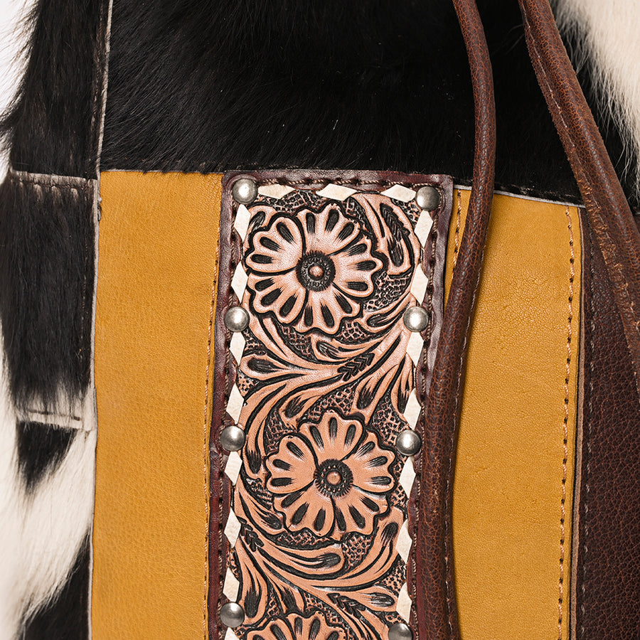 American Darling Western Leather Bucket Bag with Hair-On Cowhide Patchwork, Genuine Leather Build & Hand-Tooled Floral Accent for Everyday Western Style