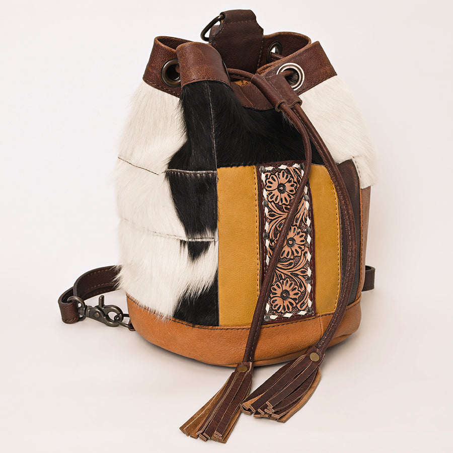 American Darling Western Leather Bucket Bag with Hair-On Cowhide Patchwork, Genuine Leather Build & Hand-Tooled Floral Accent for Everyday Western Style