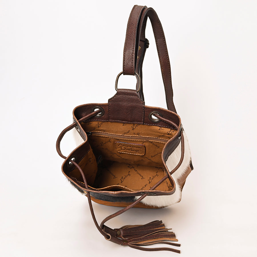 American Darling Western Leather Bucket Bag with Hair-On Cowhide Patchwork, Genuine Leather Build & Hand-Tooled Floral Accent for Everyday Western Style