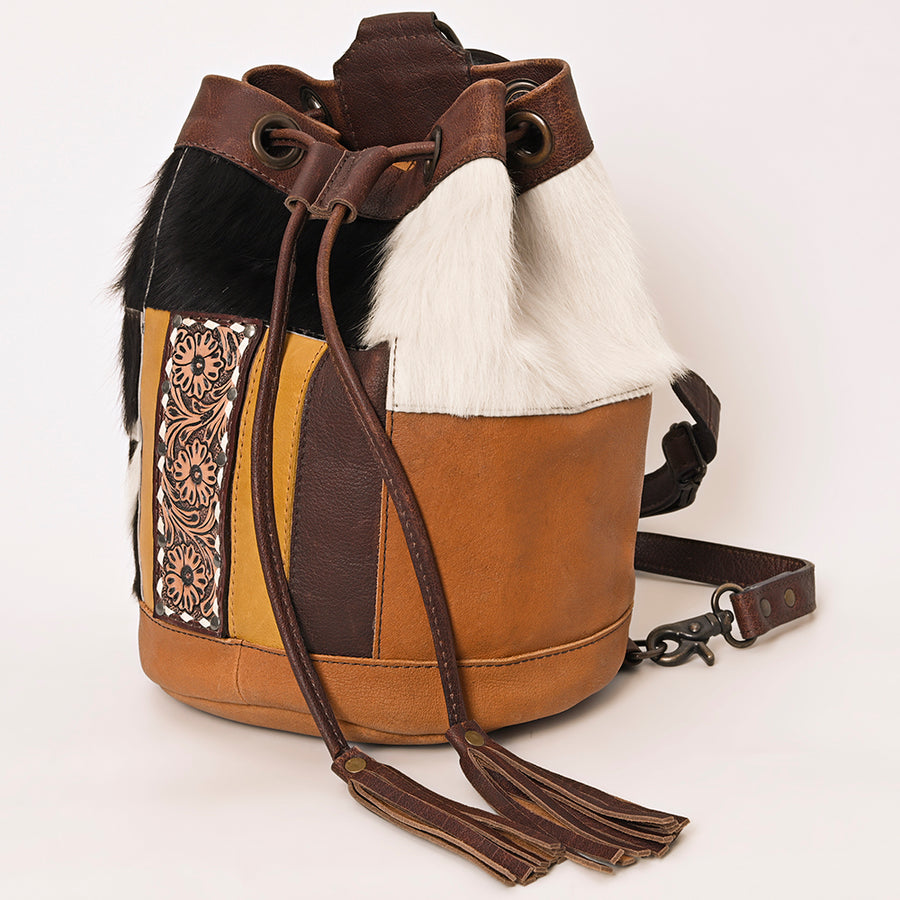 American Darling Western Leather Bucket Bag with Hair-On Cowhide Patches and Tooled Leather Accent - Uhorse