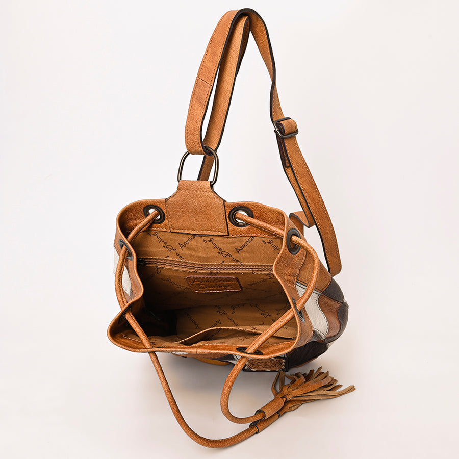 American Darling Western Leather Bucket Bag with Hair-On Cowhide Patchwork, Genuine Leather Build & Hand-Tooled Floral Accent for Everyday Western Style