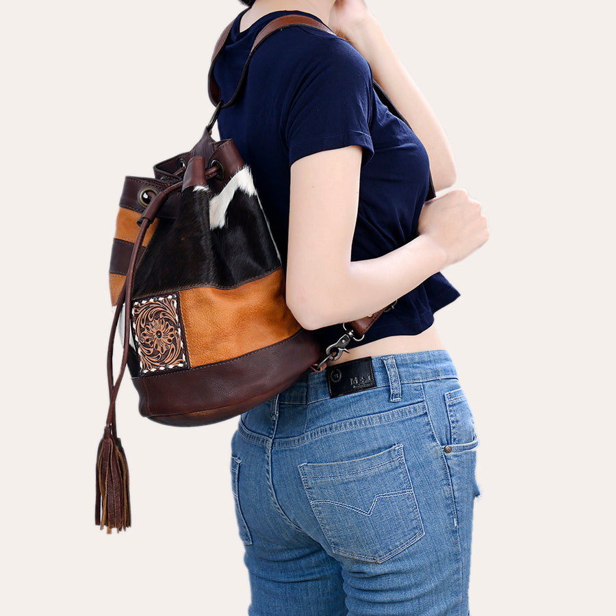 American Darling Western Leather Bucket Bag with Hair-On Cowhide Patchwork, Genuine Leather Build & Hand-Tooled Floral Accent for Everyday Western Style