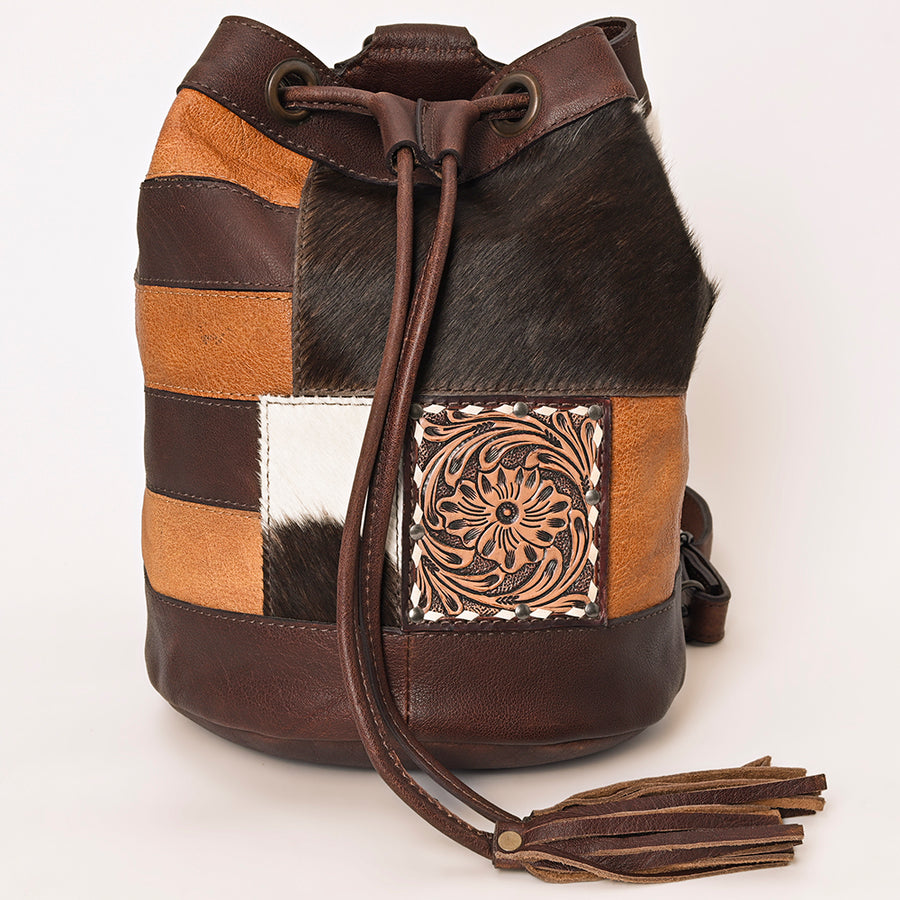 American Darling Western Leather Bucket Bag with Hair-On Cowhide Patchwork, Genuine Leather Build & Hand-Tooled Floral Accent for Everyday Western Style