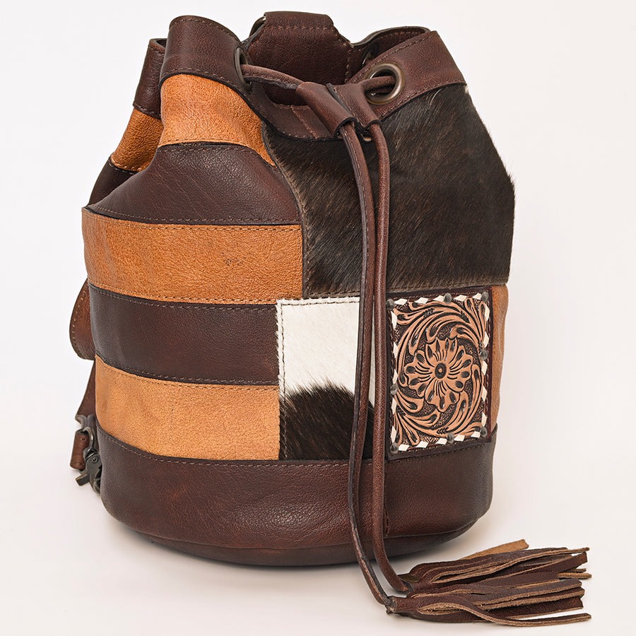American Darling Western Leather Bucket Bag with Hair-On Cowhide Patchwork, Genuine Leather Build & Hand-Tooled Floral Accent for Everyday Western Style