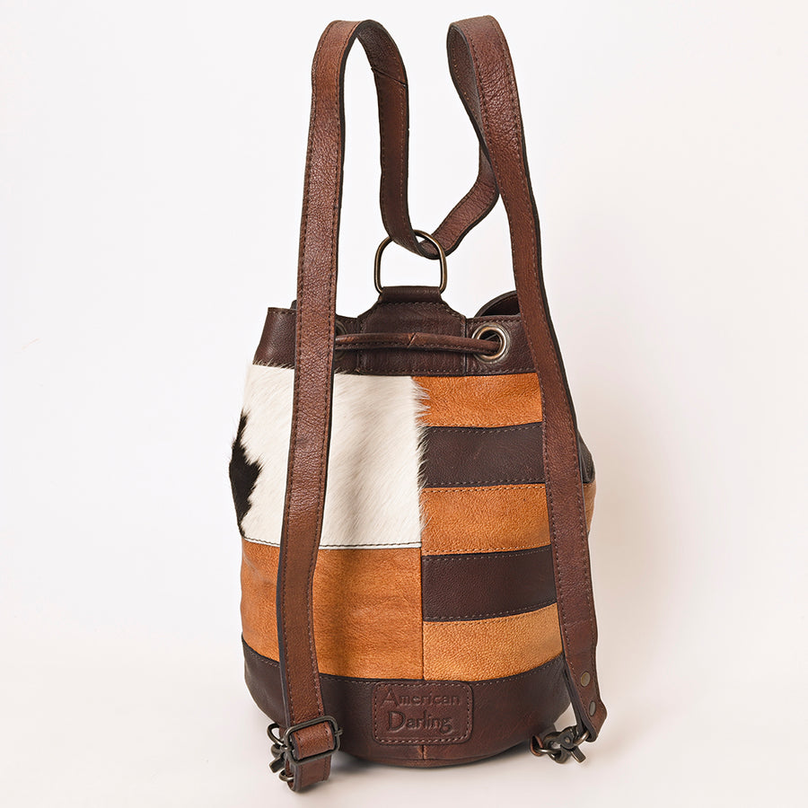 American Darling Western Leather Bucket Bag with Hair-On Cowhide Patchwork, Genuine Leather Build & Hand-Tooled Floral Accent for Everyday Western Style
