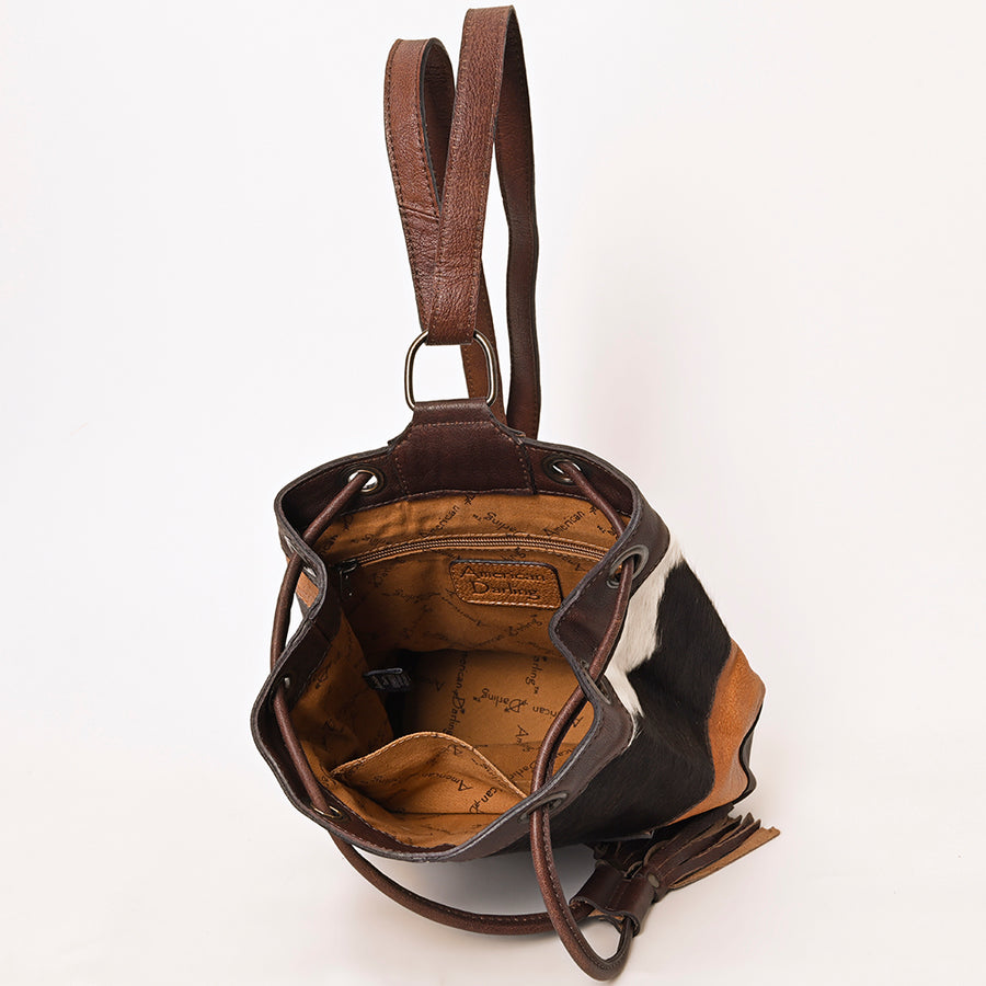 American Darling Western Leather Bucket Bag with Hair-On Cowhide Patchwork, Genuine Leather Build & Hand-Tooled Floral Accent for Everyday Western Style