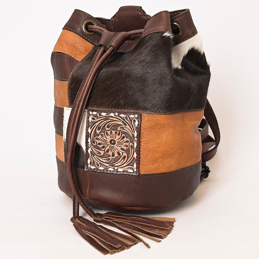 American Darling Western Leather Bucket Bag with Hair-On Cowhide Patches and Tooled Leather Accent - Uhorse