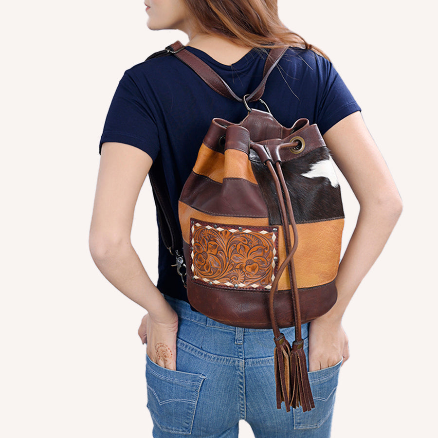 American Darling Western Leather Bucket Bag with Hair-On Cowhide Patchwork, Genuine Leather Build & Hand-Tooled Floral Accent for Everyday Western Style