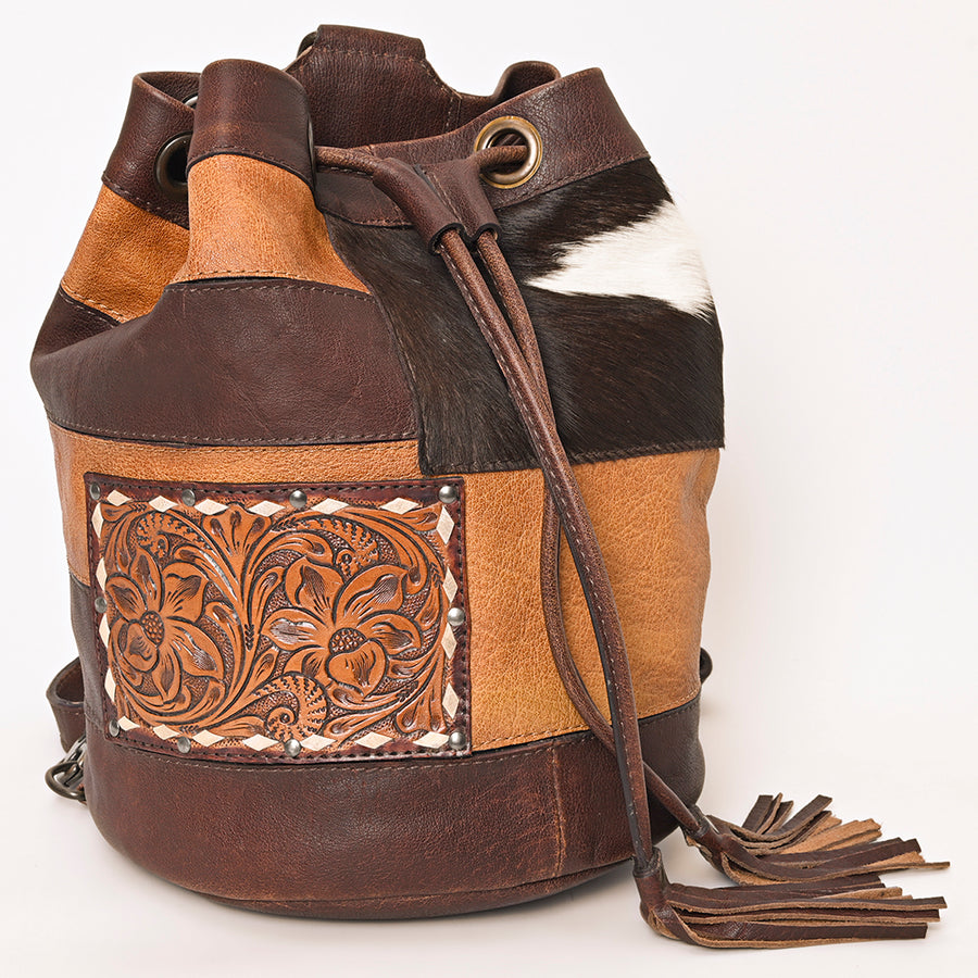 American Darling Western Leather Bucket Bag with Hair-On Cowhide Patchwork, Genuine Leather Build & Hand-Tooled Floral Accent for Everyday Western Style
