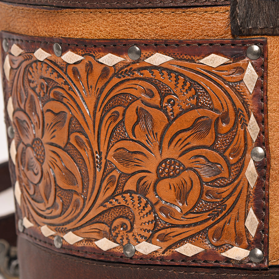 American Darling Western Leather Bucket Bag with Hair-On Cowhide Patchwork, Genuine Leather Build & Hand-Tooled Floral Accent for Everyday Western Style