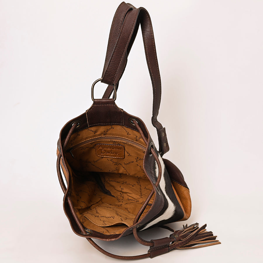 American Darling Western Leather Bucket Bag with Hair-On Cowhide Patchwork, Genuine Leather Build & Hand-Tooled Floral Accent for Everyday Western Style