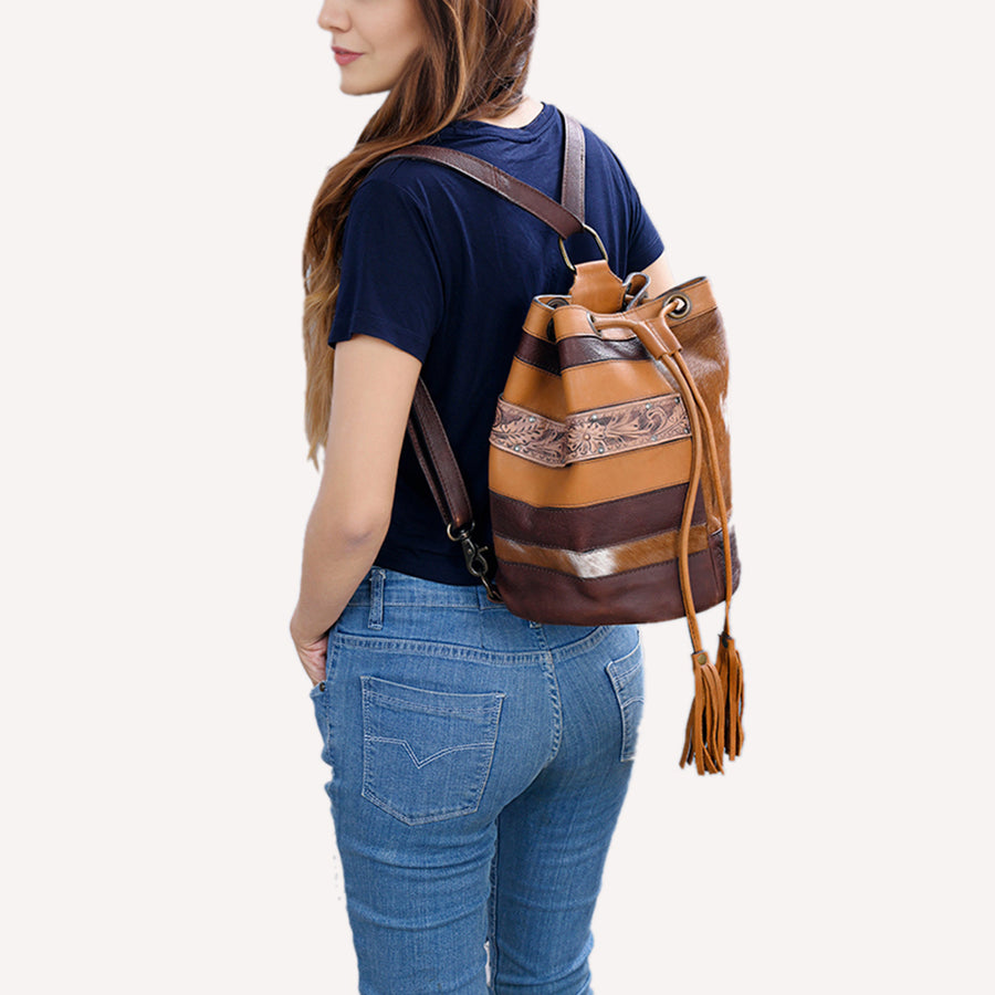 American Darling Western Leather Bucket Bag with Hair-On Cowhide Patchwork, Genuine Leather Build & Hand-Tooled Floral Accent for Everyday Western Style