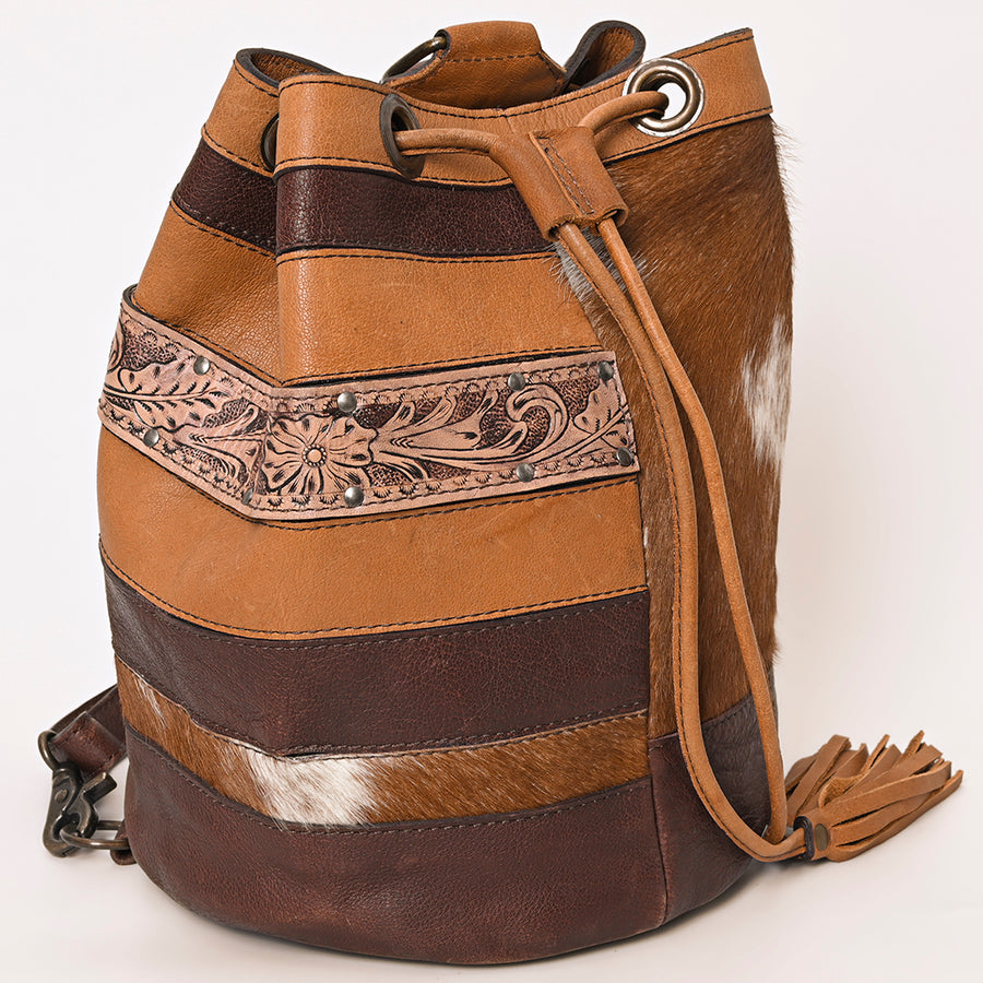 American Darling Western Leather Bucket Bag with Hair-On Cowhide Patchwork, Genuine Leather Build & Hand-Tooled Floral Accent for Everyday Western Style