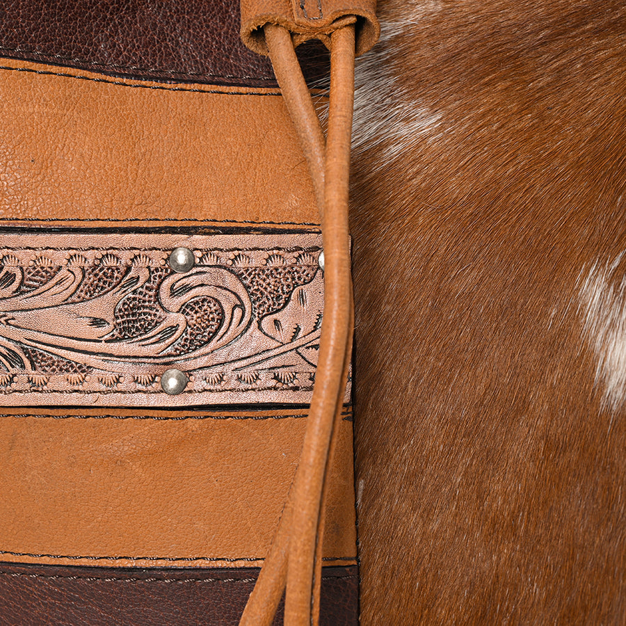 American Darling Western Leather Bucket Bag with Hair-On Cowhide Patchwork, Genuine Leather Build & Hand-Tooled Floral Accent for Everyday Western Style