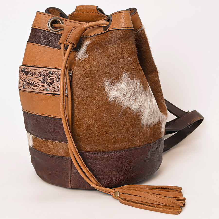 American Darling Western Leather Bucket Bag with Hair-On Cowhide Patchwork, Genuine Leather Build & Hand-Tooled Floral Accent for Everyday Western Style
