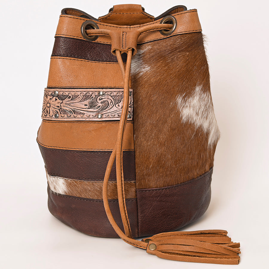 American Darling Western Leather Bucket Bag with Hair-On Cowhide Patches and Tooled Leather Accent - Uhorse