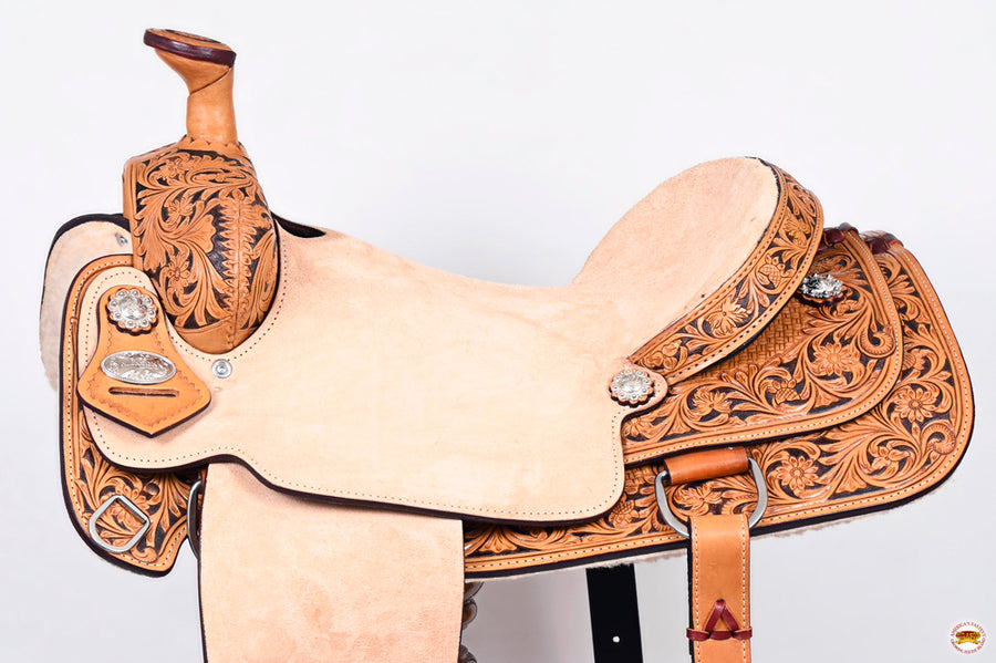 HILASON Western Horse Trail Show Saddle Synthetic Pleasure Riding | Hand Tooled Ranch roping Leather For Horses